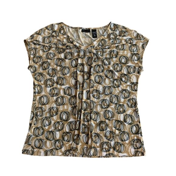New York & Company Womens Stretch Top Beige & Black Circles Pattern Short Sleeve - Picture 7 of 10